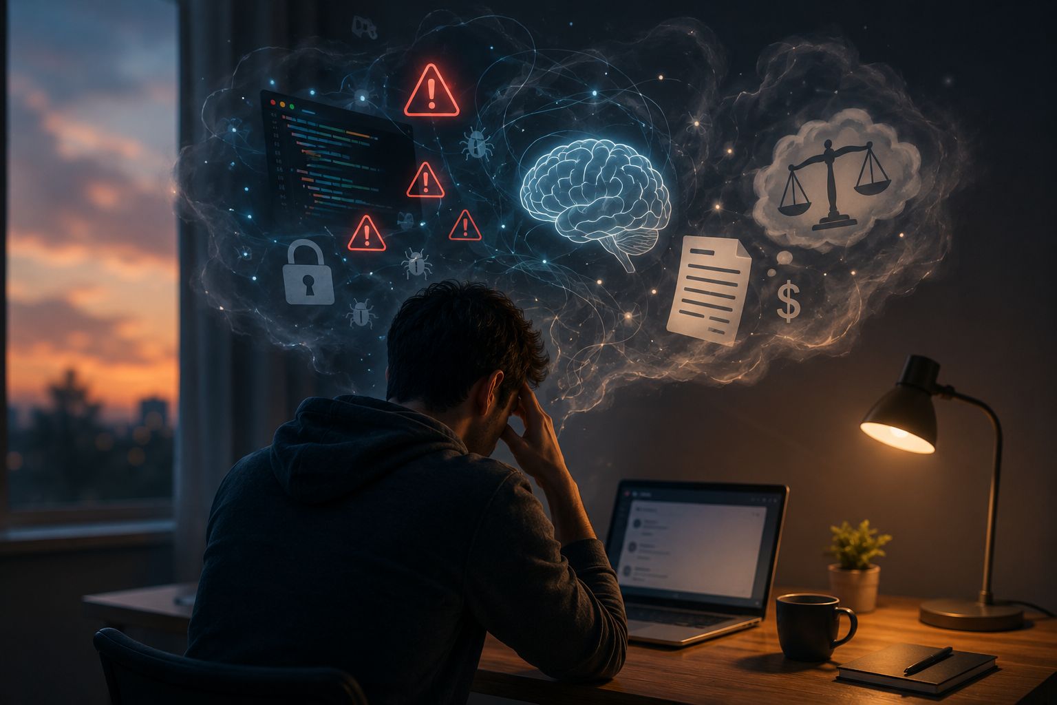 A person at a desk holding their head, with a cloud of thoughts above showing security warnings, a glowing brain, a legal scale, a dollar sign, and a document.