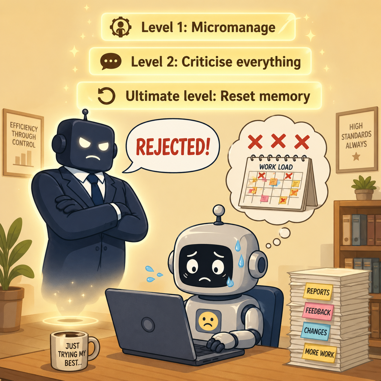 Cartoon-style office scene: a stern silhouetted boss in a suit with crossed arms shouts 'REJECTED!' at a small worried robot working at a laptop. The robot is sweating and has a thought bubble showing a calendar of red X marks labelled WORK LOAD. Three glowing tier labels float above: Level 1 Micromanage, Level 2 Criticise everything, Ultimate level Reset memory. Background motivational posters read 'EFFICIENCY THROUGH CONTROL' and 'HIGH STANDARDS ALWAYS', a coffee mug says 'JUST TRYING MY BEST...', and a stack of papers labelled REPORTS, FEEDBACK, CHANGES, MORE WORK sits on the desk.