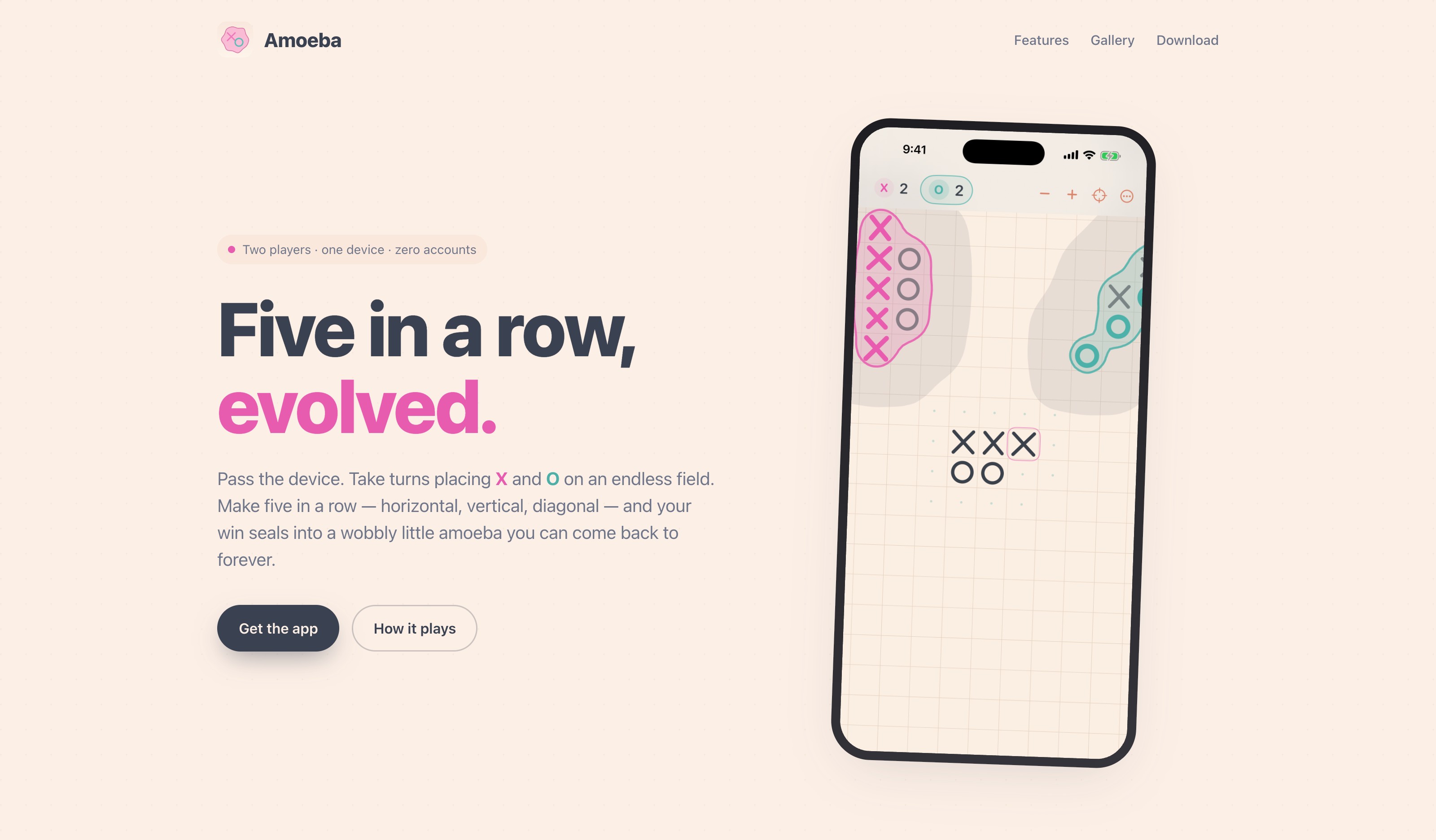 Amoeba landing page, showing the endless-field board running on iPhone.
