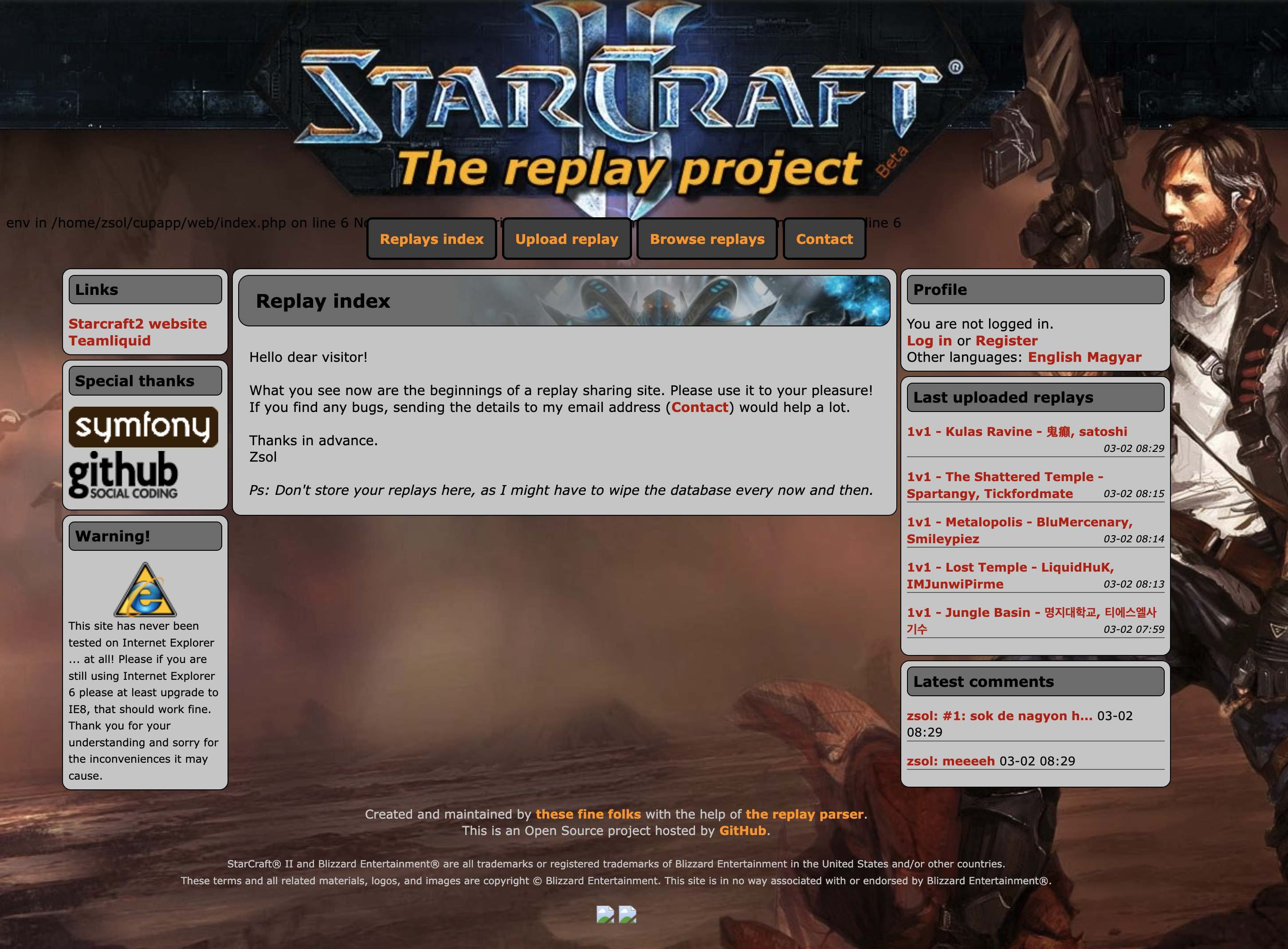 Screenshot of the CupApp StarCraft II replay project homepage