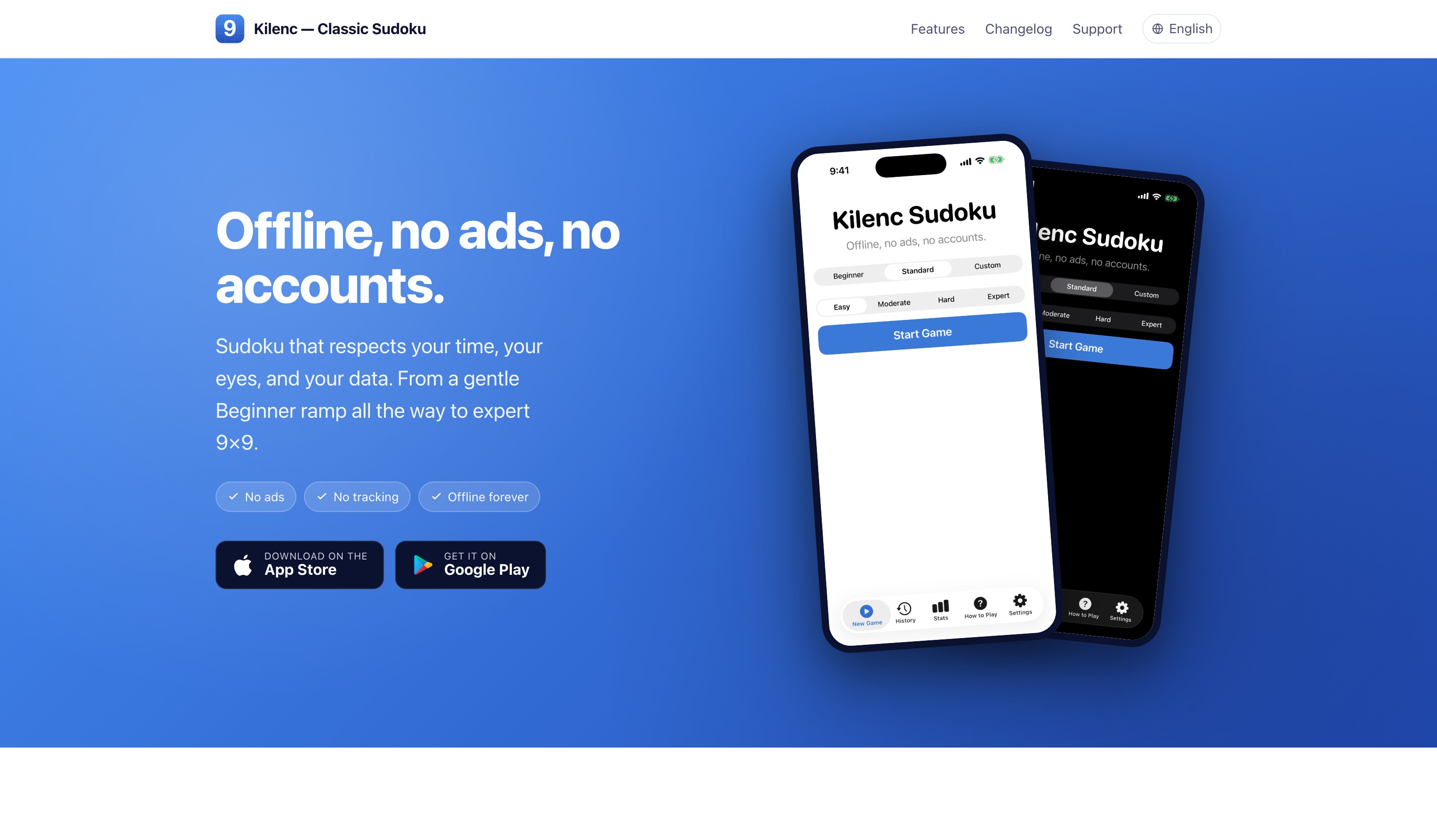 Kilenc Sudoku landing page, showing the app running on iPhone in light and dark mode.