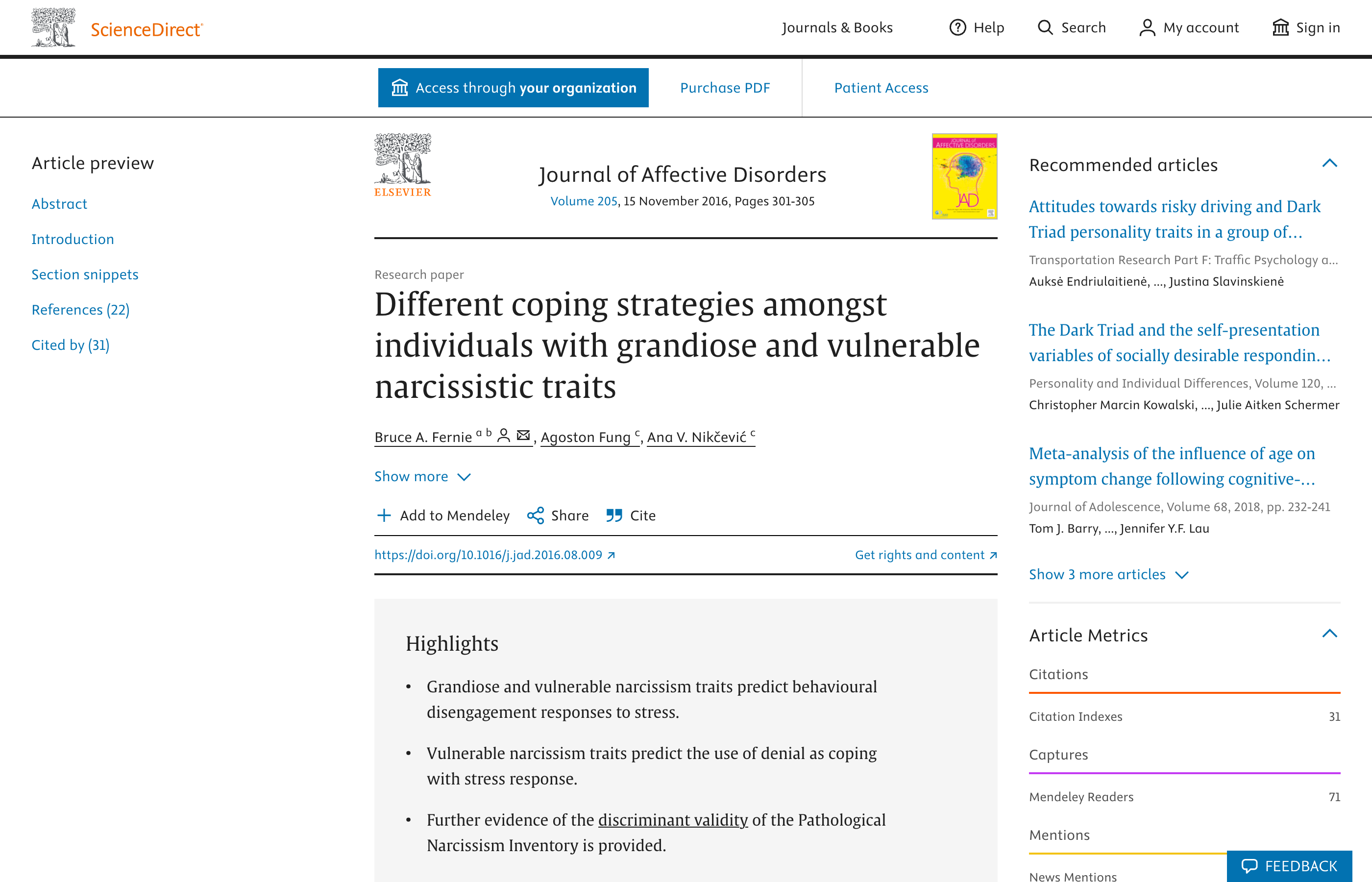 Screenshot of the Journal of Affective Disorders article page on ScienceDirect