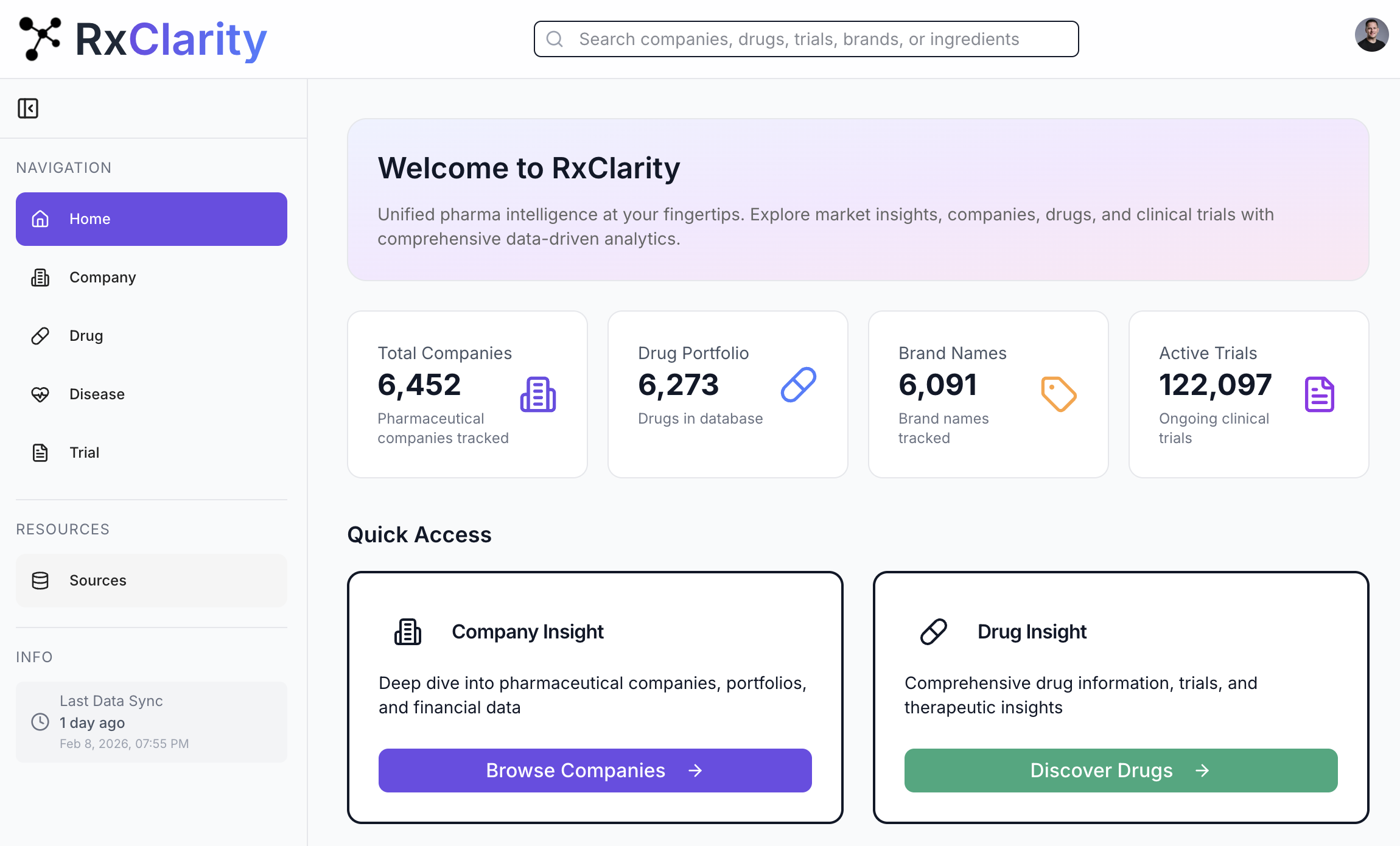 RxClarity dashboard showing tracked companies, drugs, brand names, and active clinical trials.