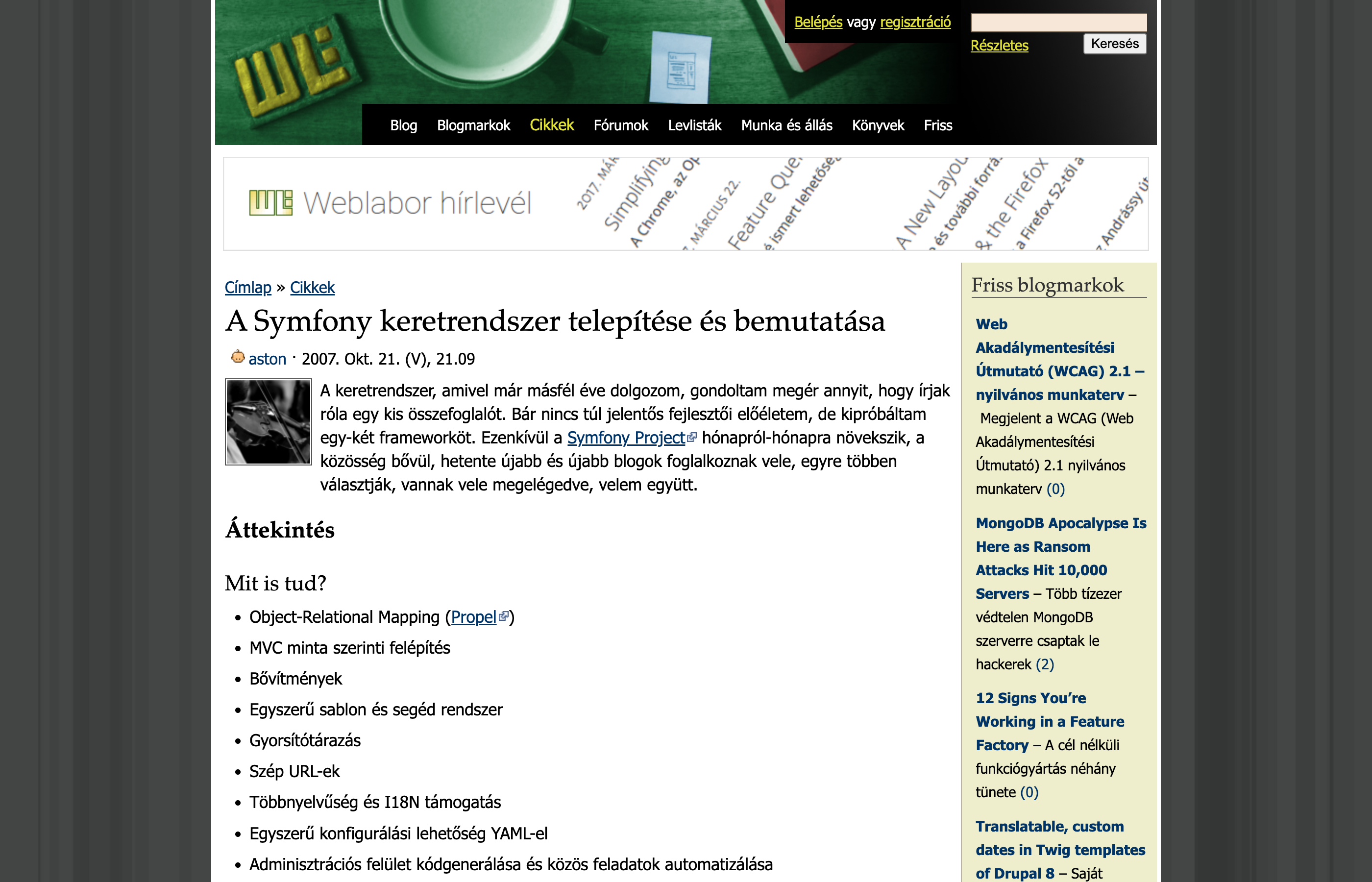 Screenshot of the weblabor.hu article page